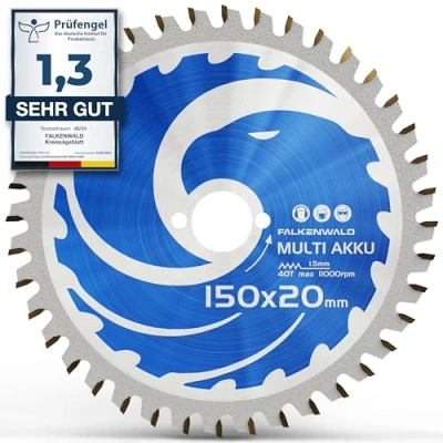 Abbildung von FALKENWALD ® AKKU Kreissägeblatt 150x20 Inkl. 10 / 16mm Ring + Kompatibel mit Bosch PKS 18 LI, Makita DCS553Z Ideal zum Sägen in Holz, Metall &amp; Alu Sägeblatt