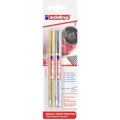 Abbildung von edding 780 Glanzlackmarker gold, silber Packung mit 2 Lackmarkern extra feine Rundspitze 0,8 mm Lackstift für Glas, Stein, Holz, Kunststoff und Papier wasserfest, stark deckend, sehr dünn