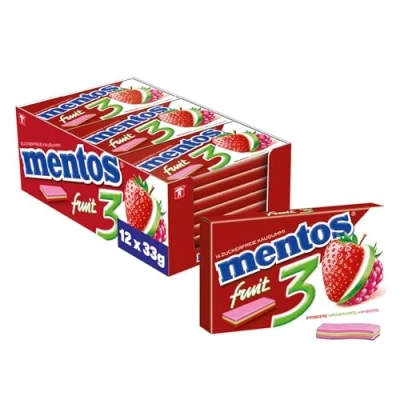 Abbildung von Mentos Kaugummi Fruity Fresh Erdbeere Grüner Apfel Himbeere, zuckerfreie Chewing Gum Dragees mit Frucht Geschmack, 12er Multipack (12 x 33 g)