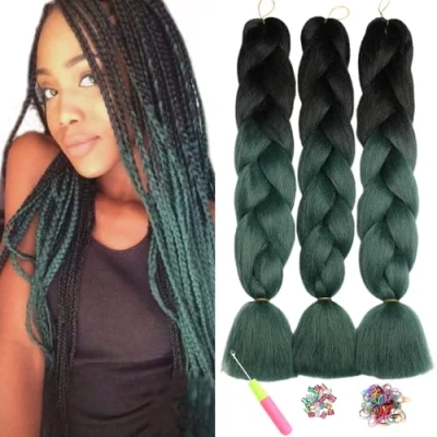 Abbildung von ShowJarlly Kanekalon Kunsthaar Haar, Haar Braids Extension, Ombre Jumbo Braid Haarverlängerung 24&quot;, Zöpfe Box Zum Einflechten Schwarz/Schwarzgrün/Dunkelgrün#