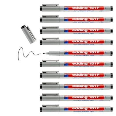 Abbildung von edding 151 F Non permanent pen schwarz 10 Stifte Rundspitze 0,6 mm Stift zum Schreiben auf Glas, Kunststoff, Folien und glatten Oberflächen schnelltrocknend, mit Wasser korrigierbar