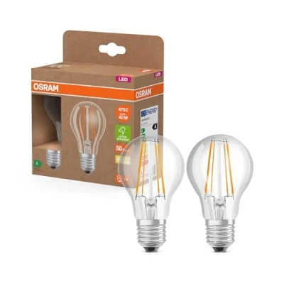 Abbildung von OSRAM LED Superstar Classic Lampe A 40 in klassischer Kolbenform, klarer Glaskörper, 2.2 W, 470 lm, E27 Fassung, warmweißes Licht mit 2700 K, EEK A, 60 mm Durchmesser, 2er Pac