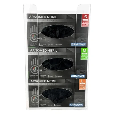 Abbildung von 3x ARNOMED Wandhalterung für Einmalhandschuhe 3 Boxen, Einmal Handschuhhalter mit Feder, Wandhalter Einweghandschuhe aus Nitril, Latex &amp; Vinyl, Handschuhspender Acryl in 24,6x8,1x41cm