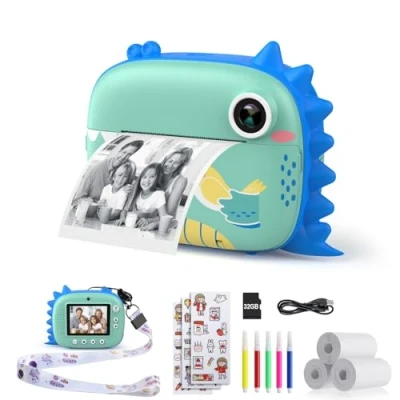 Abbildung von HiMont Kinderkamera Sofortbildkamera, Digitalkamera für Kinder mit Druckpapier &amp; 32G TF Karte, VideoKamera farbigen Stiften Lustige Accessoires, Geschenk 3 14 Jahren (Blau)