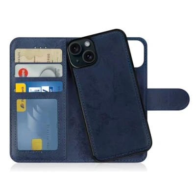 Abbildung von MyGadget Flip Case für iPhone 15 Plus [ abnehmbare Magnet Hülle ] Handyhülle aus Kunstleder Klapphülle mit Kartenfach Schutzhülle in Dunkelblau
