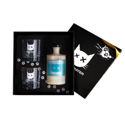 Abbildung von Böser Kater Coconut Likör Geschenkset mit 2 Gläsern Handgemachter Kokosnuss Sahne Perfekt für erfrischende Sommer Cocktails oder den puren Genuss Besondere Geschenkidee 0,5l 15% Vol.