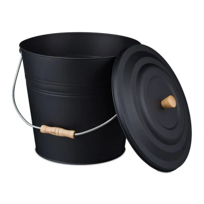 Abbildung von Relaxdays Ascheeimer mit Deckel, 12 L, Kamineimer, Stahl &amp; Holz, Aschebehälter Henkel, Kamin, Ofen Grill, schwarz