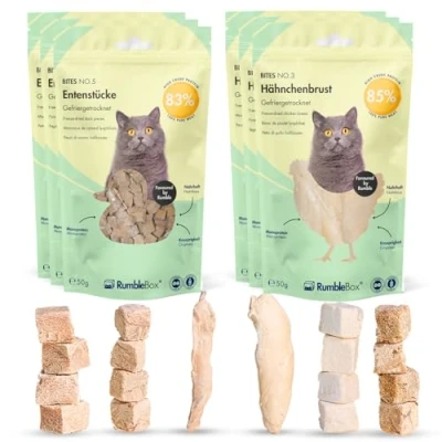 Abbildung von RumbleBox Ultimate Sparbox Pur Huhn &amp; Ente, 100% Fleisch Leber, Gefriergetrocknete Katzensnacks ohne Getreide und Zucker für Allergiker, NUR 1 ZUTATEN (6x50g)
