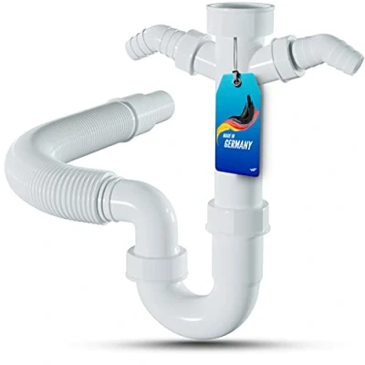 Abbildung von LOBENSWERK Siphon für Küchenspüle mit flexiblem Ablaufschlauch 100% Wasserdicht Röhrensiphon zwei Geräteanschlüssen + Anschlussdichtungen