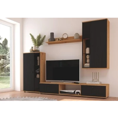 Abbildung von Küchen Preisbombe Wohnwand Salsa 2 Lamellenoptik Anbauwand Schrankwand MDF Schwarz Eiche Artisan, (4 St)