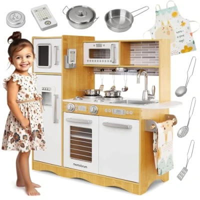 Abbildung von Mamabrum Kinder Küchenset XXL Holzküche mit LED Beleuchtung, Schürze und Zubehör Spielset