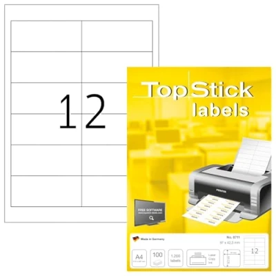 Abbildung von TopStick 8711 Universal Etiketten, 100 Blatt, 96,5 x 42,3 mm, 12 pro A4 Bogen, 1200 Stück, selbstklebend, bedruckbar, matt, blanko Papier Klebeetiketten Aufkleber, weiß