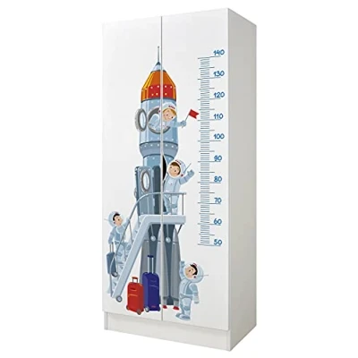 Abbildung von Leomark Weiß zweitüriger Kleiderschrank für Kinder Roma funktionaler Schwebetürenschrank, Dim: 70 x 42,5 161,5 (H) cm, Kommode, Schrank, Möbel Kinder, UV Druck: Weltraumrakete