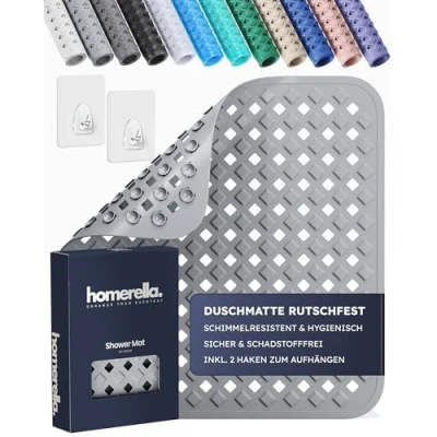 Abbildung von Duschmatte rutschfest 100% BPA frei Inkl. 2 Haken zum Aufhängen 53x53cm Homerella, Antirutschmatte Dusche hautsensitiv &amp; schimmelresistent, Duscheinlage maschinenwaschbar