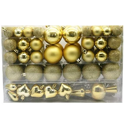 Abbildung von Geschenkestadl 101 Stück Christbaumschmuck Kugeln und Baumspitze 100 Metallhaken, Gold, Ø 3 cm, 6 4 cm