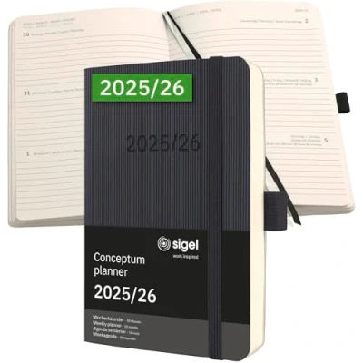 Abbildung von SIGEL C2607 Wochenplaner Wochenkalender 2025/2026, ca. A6, schwarz, Softcover, 240 Seiten, Gummiband, Stiftschlaufe, Archivtasche, aus nachhaltigem Papier, 18 Monatskalender, Conceptum