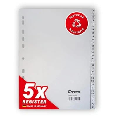 Abbildung von Conipa® 5er Set 1 31 Register für Ordner DIN A4 (MADE IN GERMANY) Registerblätter &amp; Trennblätter mit Zahlen (nummeriert) Kunststoff (PP) Trennregister Akten, Ringbücher Hefter (Grau)