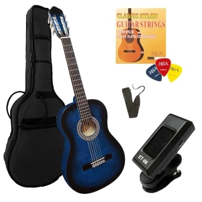 Abbildung von 4/4 Gitarre im Set Konzertgitarre Classic Lindenholz Stimmgerät Tasche Band Saiten 3xPleks (Blau)