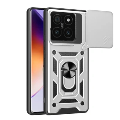 Abbildung von BOKYAS Armor Hülle für Xiaomi 14T Pro Mit Slide Kameraschutz Cover und Ring Ständer [Handyhülle Kompatibel Auto Magnet] Militärischer Stoßfeste Case, Silber