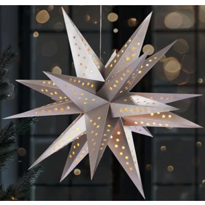 Abbildung von BRUBAKER 3D Weihnachtsstern für Innen 60 cm XXL Leuchtstern Batteriebetrieben mit Timer LED Stern Hängend Adventsstern Fensterdeko und Weihnachtsdeko Papierstern Weihnachten Silber