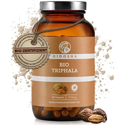 Abbildung von QIDOSHA® Triphala Kapseln bio hochdosiert I 180 Stk 500mg Pulver je Kapsel Ayurveda Amalaki Bibhitaki Haritaki vegan laborgeprueft
