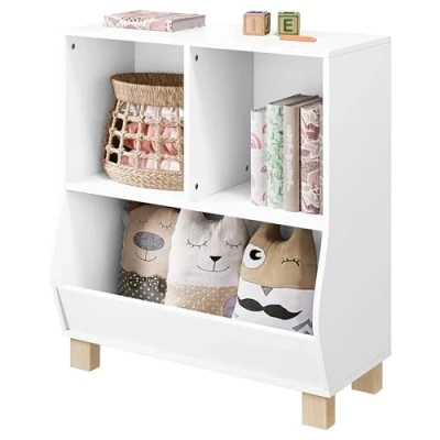 Abbildung von Lestarain Bücherregal Kinder, Regal weiß mit 3 Fächern, Montessori Kinderregal, Spielzeugregal Holzbeinen, Standregal für Bücher Spielzeug Kinderzimmer, 71,5x76,5x34,5 cm