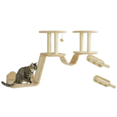 Abbildung von PawHut Katzen Kletterwand 3 teilig Katzenmöbel mit Kratzbaum, Sitzstangen, Leiter, Stufen, für bis 5 kg, Sisal, Beige