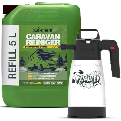 Abbildung von bio chem Caravan und Wohnmobil Reiniger Extra Starkes Konzentrat 5000 ml + Schaumsprüher für Wohnmobile, Wohnwagen, Vorzelte, Regenstreifenentferner Made in DE