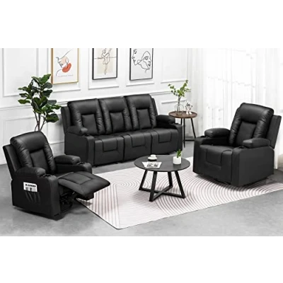 Abbildung von COMHOMA Relaxsessel Set, Sofa, Sofa Set aus Kunstleder, Fernsehsessel Ruhesessel Liegesessel mit Liege Funktion Polstersessel Schlafsessel für Wohnzimmer Schlafzimmer Heimkino, Schwarz, 3+1+1