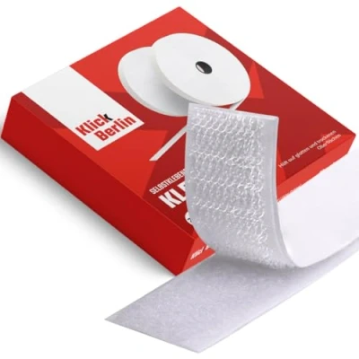 Abbildung von Klick Berlin Klettband Selbstklebend Schmal 2 cm x 8 m schmales Klett Klebeband klebt auf vielen Flächen Klettverschluss 20 mm breit, Meter lang weiß