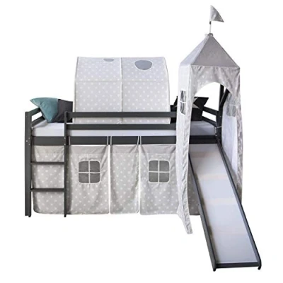 Abbildung von Homestyle4u 1874, Kinderbett 90x200 Grau Hochbett mit Leiter und Rutsche Tunnel Turm Vorhang Sterne Holz Kiefer