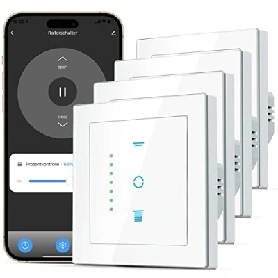 Abbildung von CURRYSMARTER WLAN Rollladenschalter, [6 Gen] Jalousien Schalter mit steuerbarer LED, Smart Rolladen Zeitschaltuhr benötigt Nullleiter, Rolladensteuerung kompatibel Echo Alexa/Google, 4 Stücke