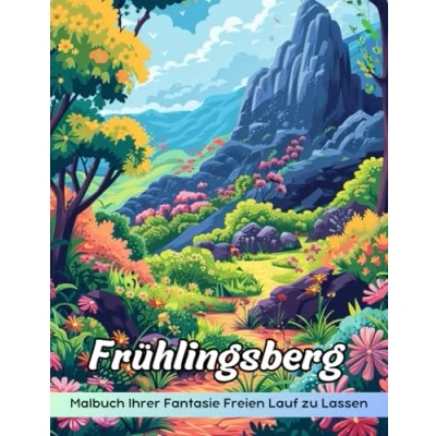 Abbildung von Frühlingsberg Malbuch: Ausmalseite „Frühlingsberge“, Malerische Landschaften Zum Kreativen Ausmalen