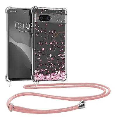 Abbildung von kwmobile Necklace Case kompatibel mit Google Pixel 7a Hülle Silikon Cover Handykette Rosa Dunkelbraun Transparent Kirschblütenblätter