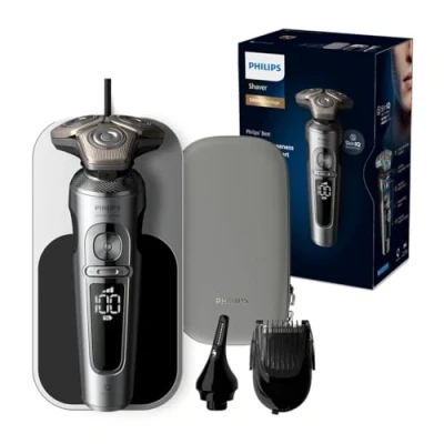 Abbildung von Philips Rasierer S9000 Prestige Elektrischer Nass und Trockenrasierer, glänzendes Chrom, Lift &amp; Cut Rasiersystem, SkinIQ Technologie, Qi Ladepad, Bartstyler, Nasentrimmer (Modell SP9871/22)