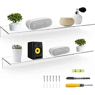 Abbildung von Sezanrpt 60cm klare schwimmende Regale für Wand, Acryl langes Wandregal, Wand montierte Pflanzen, Lautsprecher, Radio, Funko Pop, Plüschtier, Bücher, Toilettenartikel, 2er Set (60cm)