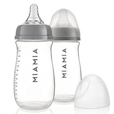 Abbildung von MiaMia Babyflasche PP Flasche Grau, 2er Pack 260 ml + Silikon Trinksauger Größe S