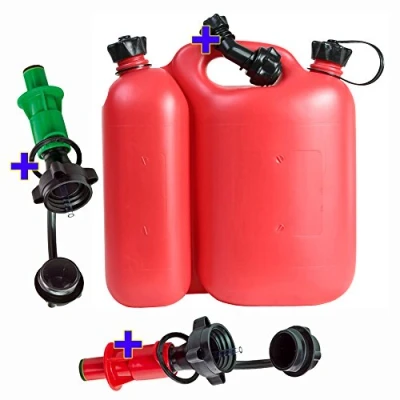 Abbildung von Doppelkanister 5,5+3 Liter rot inkl. 1 Ausgiesser und 2 Sicherheits Einfüllsysteme grün Kombikanister