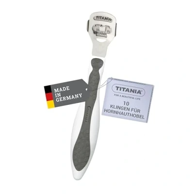 Abbildung von TITANIA Hornhauthobel mit 10 Ersatzklingen Hornhautentferner aus rostfreiem Edelstahl Qualitäts Hornhautschneider Made in Germany Hornhaut Hobel, Grau