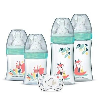 Abbildung von DODIE 4 Babyflaschen zur Geburt, flacher Sauger, Anti Colic (2 x 150 ml und 2 270 ml), 1 Schnuller, Geburt