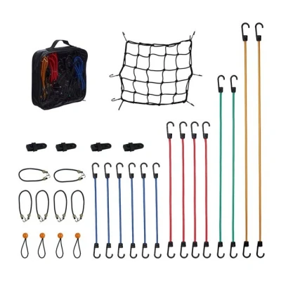 Abbildung von Relaxdays Spanngummi 30er Set, Gepäckspanner, Planenclips, Gepäcknetz, Tragetasche, Universal Expander, Mehrfarbig