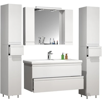 Abbildung von VCM Waschbeckenunterschrank &quot;VCM 5 tlg. Waschplatz Waschtisch 100 cm Badmöbel Set Waschbecken grifflose Schublade Spiegelschrank Hochschrank Silora XL&quot;, (5 St.)