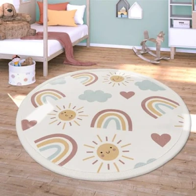 Abbildung von TT Home Waschbarer Teppich Krabbelmatte Babyzimmer Kinder rutschfest Flauschig Punkte, Farbe:Rosa Blau Gelb, Größe:120 cm Rund