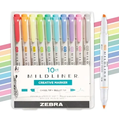 Abbildung von Zebra Pen Mildliner Doppelseitiges Textmarker Set, breite und feine Spitze, verschiedene fluoreszierende coole Tinte, 10 Stück