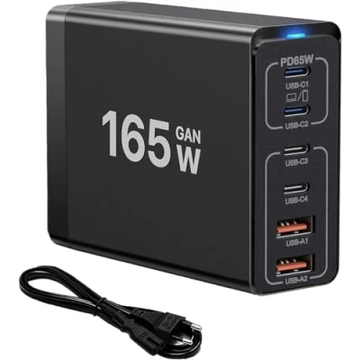 Abbildung von USB C ladegerät 165W, Mehrfach Ladegerät【4USB + 2USB A】 Netzteil, Ladestation Kompatibel mit iPhone/Samsung/Google/Xiaomi/Laptop/Tablet und Anderen Geräten