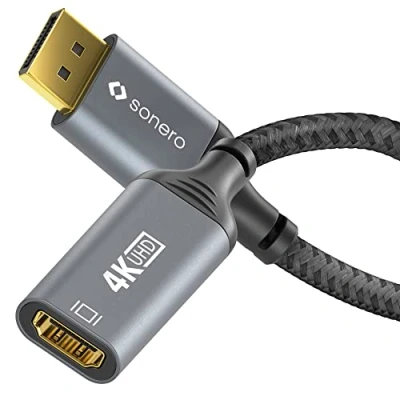 Abbildung von Sonero® 4K DisplayPort 1.2 auf HDMI 2.0 Adapter, Stecker Buchse, 60Hz, 2K 120Hz, Baumwollmantel, grau/schwarz, 0,10 Meter