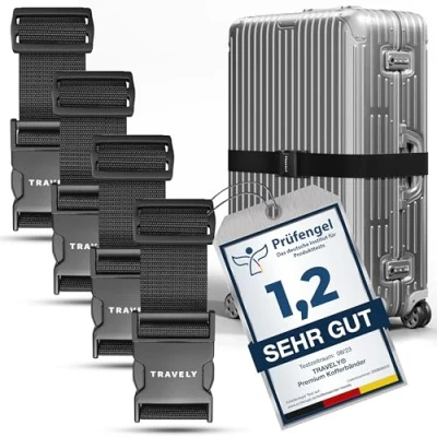 Abbildung von Travely® Premium Koffergurt Besonders Auffällig &amp; Sicher Inkl. 4 Namensschildern Gepäckband ideal über Kreuz [4er Set] Schwarz