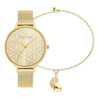 Abbildung von Engelsrufer Damenuhr Gold mit Lebensblume &amp; Mesh Armband + Passender Armreif Herz und Flügel Anhänger Stilvolle Kombination aus Edelstahl 925er Silber