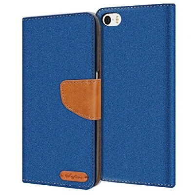 Abbildung von Verco für iPhone 4S Hülle, Schutzhülle Apple 4 Tasche Denim Textil Book Case Flip Klapphülle, Blau