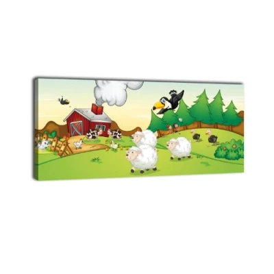 Abbildung von wandmotiv24 Leinwandbild Panorama Nr. 224 auf dem Land 100x40cm, Keilrahmenbild, Bild Leinwand, Kinder, Comic, Tiere